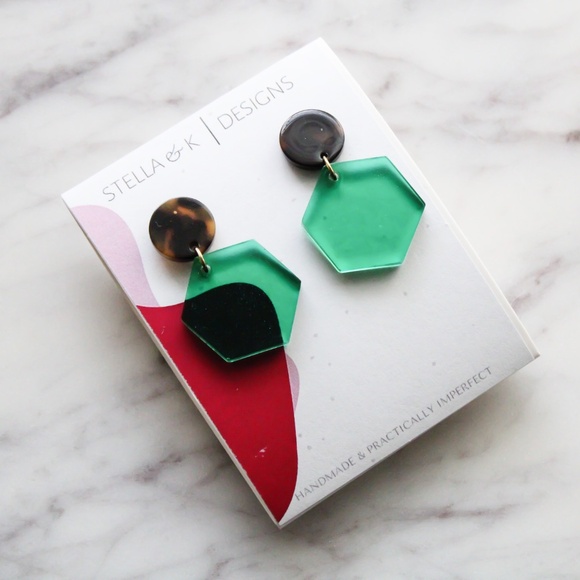 Handmade Earrings - Hexagon Resin Earrings - Sheer, Bright Green, Tortoise- NEW - Picture 1 of 2